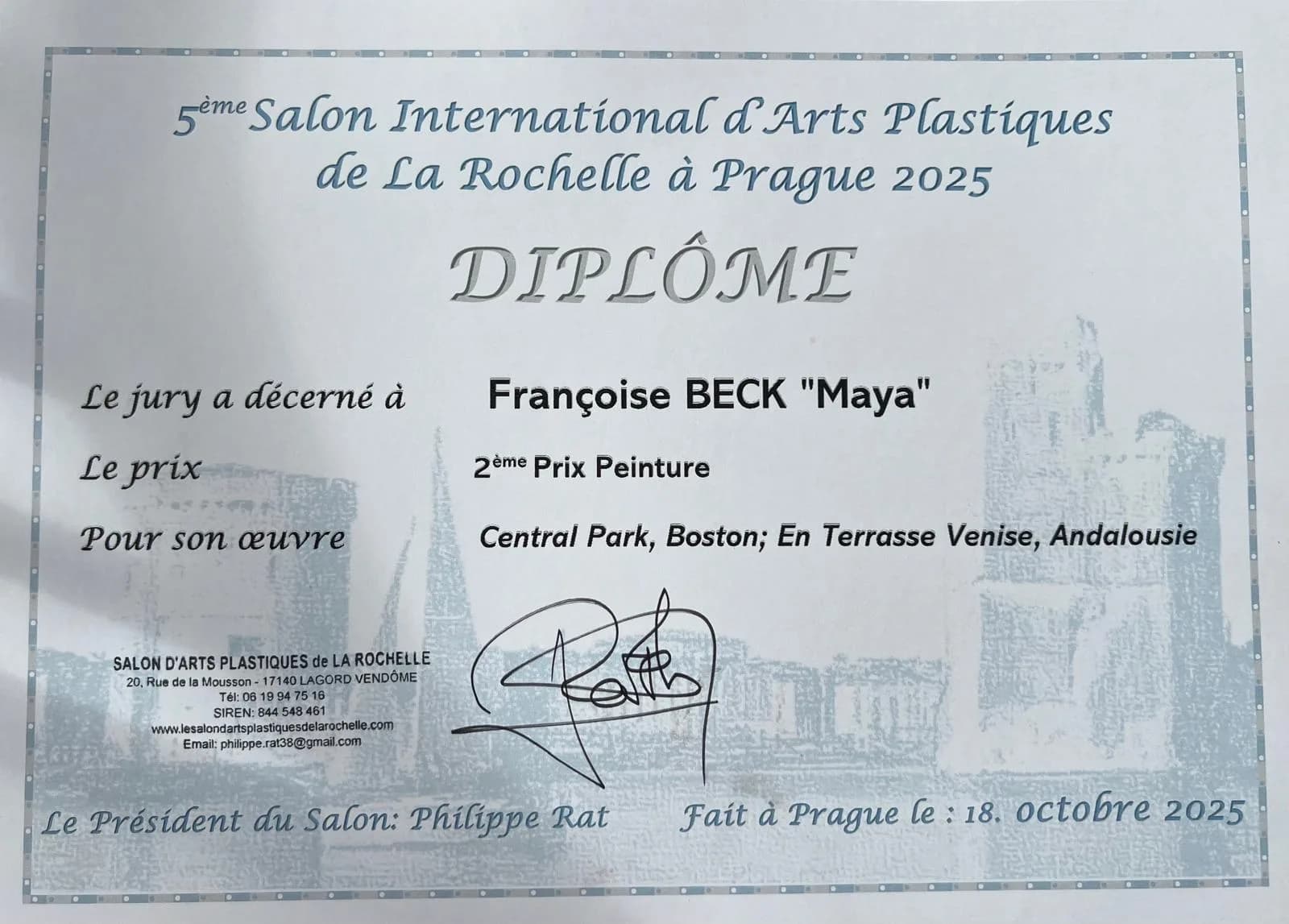 diplôme 5ème Salon International d'Arts Plastiques de La Rochelle à Prague 2025