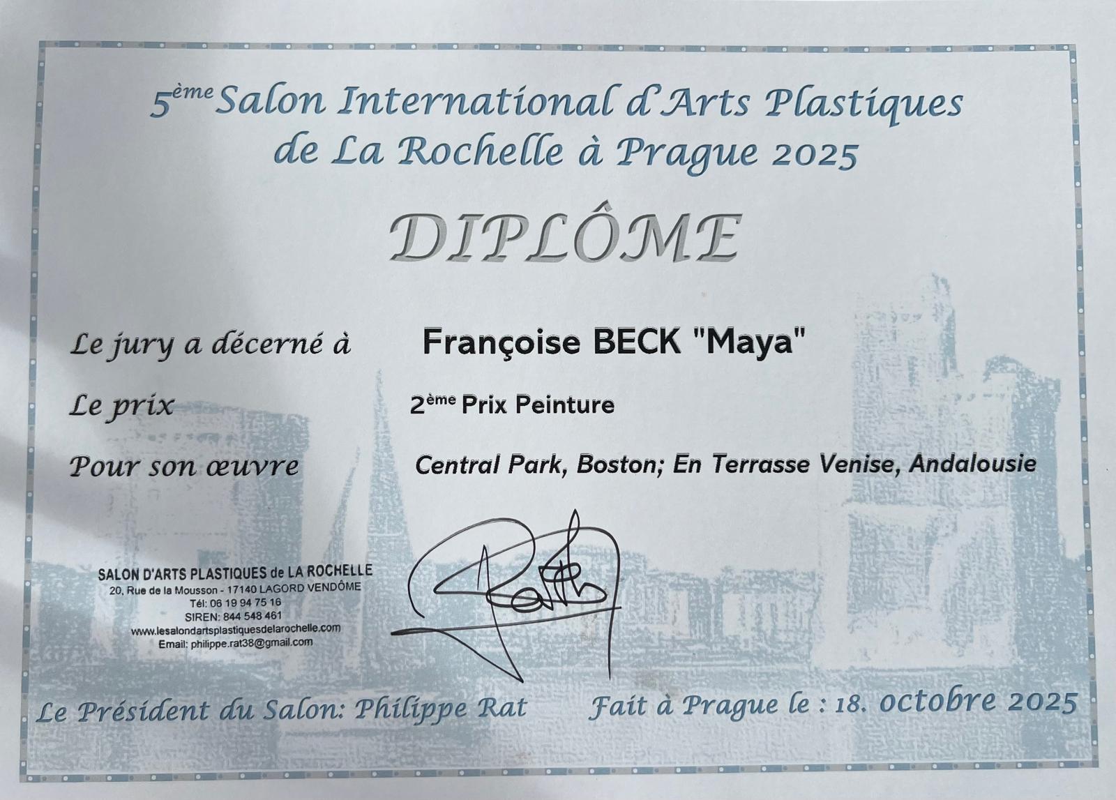 diplôme 5ème Salon International dArts Plastiques de La Rochelle à Prague 2025